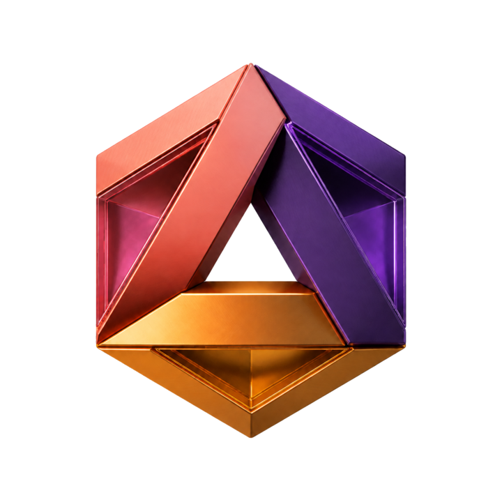 Original coral, amber, and violet prism 3D Logo concept on a transparent background